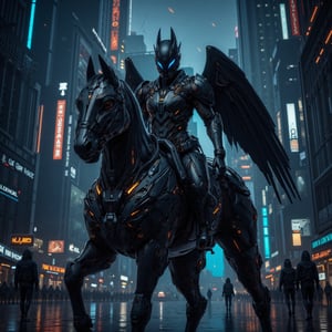 Cyberpunk-style knight on a cyborg horse, digital art. Sleek black cyber-suit with glowing neon blue accents. Imposing black helmet with tinted visor, displaying holographic HUD. Mechanical wings on the back, folded, made of black carbon fiber with exposed circuitry. The cyborg horse is a fusion of organic and mechanical parts, with visible hydraulics and armor plating. Neon lights trace the horse's muscular structure. The knight wields an energy lance, crackling with electricity. Urban night backdrop with towering skyscrapers and flying vehicles. Rain-slicked streets reflect neon signs. Atmosphere is gritty and high-tech. Hyperdetailed textures on the armor and horse's cybernetic parts. Color palette dominated by blacks, silvers, and electric blues. Dynamic pose, suggesting movement and power. Lighting emphasizes the contrast between shadow and neon glow.,Angelic Knight,F-GVA Armour Suit