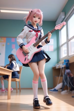 ultra realistic,
Kawaii high school girl, half-Ukrainian and half-Japanese, wearing a sailor suit, pink loose socks, leather shoes, ((girl happily playing the electric guitar)), Japanese school classroom,JK Uniform,action shot