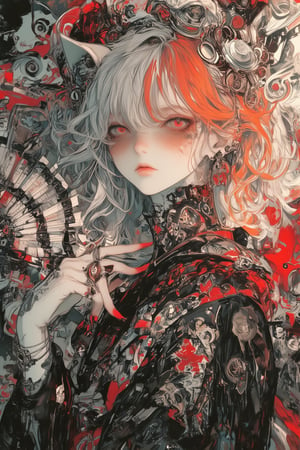 Anime-style illustration of a gothic punk girl in an ornate kimono. Close-up portrait with intense, golden cat-like eyes and a subtle smirk. Short, messy hair with split coloring: half vibrant orange-red, half white. Pale skin with small red markings under the eyes. Dark, elaborate kimono adorned with intricate patterns, red star motifs, and metallic gold accents. Multiple ornate pieces of jewelry, including earrings and hair accessories. Visible pale hands with long red nails, holding a decorative fan. Background features a mix of traditional Japanese and gothic elements, with swirling patterns and splashes of red. Overall dark and moody atmosphere with a touch of rebellion. High contrast lighting emphasizing the character's striking features. Highly detailed artwork with a mix of traditional and digital painting techniques,watercolor \(medium\),PorcelainDollPrincess,REALNIME