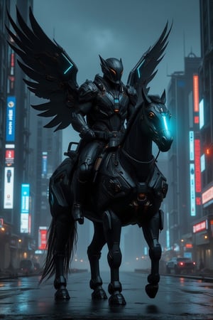 Cyberpunk-style knight on a cyborg horse, digital art. Sleek black cyber-suit with glowing neon blue accents. Imposing black helmet with tinted visor, displaying holographic HUD. Mechanical wings on the back, folded, made of black carbon fiber with exposed circuitry. The cyborg horse is a fusion of organic and mechanical parts, with visible hydraulics and armor plating. Neon lights trace the horse's muscular structure. The knight wields an energy lance, crackling with electricity. Urban night backdrop with towering skyscrapers and flying vehicles. Rain-slicked streets reflect neon signs. Atmosphere is gritty and high-tech. Hyperdetailed textures on the armor and horse's cybernetic parts. Color palette dominated by blacks, silvers, and electric blues. Dynamic pose, suggesting movement and power. Lighting emphasizes the contrast between shadow and neon glow.,Angelic Knight,F-GVA Armour Suit