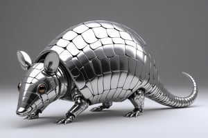 
"Hyper-realistic 3D render of an armadillo made entirely of mirror-polished metal. Sleek, reflective surface covering the entire body. Intricate details of armadillo anatomy preserved in the metallic structure.
Segmented armor plates clearly defined, each a perfect mirror. Curved surfaces creating distorted reflections of the environment. Tail coiled slightly, showcasing flexible metal segments.
Head features pointed snout and small, round ears, all in the same polished metal. Eyes represented by slightly darker, smoky glass orbs.
Legs and claws intricately crafted in jointed metal pieces, maintaining natural armadillo pose.
Lighting: studio setting with multiple light sources to maximize reflections and highlights. Soft box reflections visible on the creature's surface.
Background: gradient from light to dark grey, emphasizing the metallic subject.