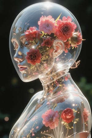 Graceful female figure, features of a Nordic woman, the body is made of a translucent gel-like substance with a subtle iridescent sheen. The body is as delicate as a crystal, with soft, diffused edges catching the light. Multiple blooming roses float inside the transparent body, creating an inner garden. Rose petals and stems in various shades of crimson and emerald green float inside the transparent gel body. The inner roses appear softly glowing, giving the transparent body a warm, organic contrast. Subtle refractions and distortions are visible through the structure of the gel body, transparent hair flows and rose petals are occasionally visible within it, the light passing through the body creates a prismatic effect and subtle shadows,Nicoletta Ceccoli X Daria Petrilli art,1girl