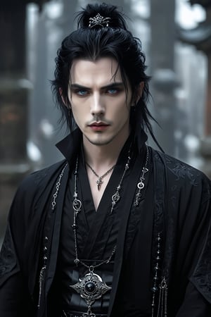 1man,((strikingly handsome French man)), Japanese-inspired gothic horror fashion, deep-set blue eyes and a strong jawline, and a modernized black kimono-style jacket that opens at the chest to reveal her pale skin. button. Tight black leather pants and platform boots with silver buckles. His ears have multiple piercings, including dangling earrings shaped like lanterns. Dark and smoky eye makeup emphasizes his gaze,.,goth person,black cloak,grey hair,male focus