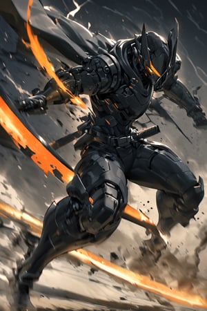 Robot ninja, military grade cyborg suit, jet-black streamlined body, extremely elaborate, precise flat, glowing katana, swiftly wielded sword slicing through enemies at lightning speed, sharp blade glinting in the sunlight at the moment, ,kabuki,glowing sword,cyborg,Ninja,ink,action shot