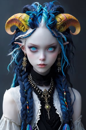 ultra Realistic,1 girl, albino demon girl,(long intricate horns:1.2), Beautiful Blue eyes, with crazy alternate hairstyle, amazingly intricately (dreadlocks) hair,colorful color hair, each braid painstakingly created,decorated with delicate accessories and beads, hair dark gold and black in color,aesthetic,Rainbow haired girl ,ct-niji2