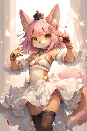 score_9, score_8_up, score_7_up, score_6_up,1boy,
cute pop kawaii art,
Pink hair, small gothic style hat, fox ears, fox muzzle, golden pupils with vertical slits, white tutu with luxurious golden embroidery, ballet dancer, cute gestures and smile,dal-6 style,furry