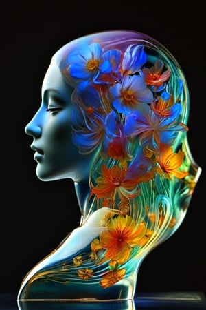 "A translucent glass bust of a woman, exquisitely crafted with smooth, flawless surfaces. The sculpture captures delicate facial features, a graceful neck, and the curve of shoulders. Inside the hollow form, a mesmerizing array of mystical flowers blooms, filling the entire interior. These ethereal blossoms radiate in seven distinct colors - vibrant red, warm orange, sunny yellow, lush green, deep blue, rich indigo, and royal purple. The flowers seem to float and gently swirl within the confines of the glass, their petals and stems creating intricate patterns. Soft, multicolored light emanates from within, causing the glass to glow and creating a prism-like effect on nearby surfaces. The contrast between the clear, solid glass and the vibrant, seemingly alive interior creates a captivating juxtaposition.,hyperrealistic