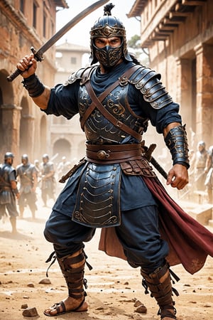 1man, arena of ancient Rome, where the Ninja Gladiator reigns supreme. Clad in stealthy attire and armed with Roman weaponry enhanced by ninja gadgets, this enigmatic warrior combines the agility of a ninja with the prowess of a gladiator. His swift movements and elusive techniques bewilder opponents, ,bl1ndm5k