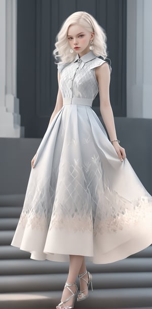 young, stylish Nordic albino woman,She wears a knee-length,ultra transparent dress with an intricate argyle pattern in soft pastel colors,The dress features a fitted bodice and a flowing skirt, giving it a modern and elegant touch. Her long silver hair is styled into two sophisticated low pigtails that cascade down her shoulders. Accessorize with silver hoop earrings and a delicate silver bracelet. Ensure she exudes confidence and a fashion-forward presence. The background could showcase a subtle blend of Nordic elements, like snowy landscapes or subtle Viking-inspired motifs. Create a visually stunning representation that seamlessly combines the unique beauty of albinism with contemporary Nordic fashion ,Angel 