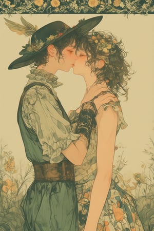 Folklore-style illustration of a couple kissing in warm muted tones,Two characters in medieval or fantasy attire embracing and about to kiss,Male character wearing a wide-brimmed hat with feathers and a puffy-sleeved shirt,Female character in a flowing dress with intricate patterns,Both figures have soft rounded features and curly hair,Characters positioned in profile view emphasizing their closeness,Color palette dominated by muted greens yellows and browns creating a vintage feel,Background features a misty meadow with subtle plant silhouettes,Top of the image bordered by an intricate folk art pattern in darker green,Texture resembling aged paper or parchment applied to the entire image,Art style reminiscent of classic storybook illustrations with fine linework and gentle shading,Soft dreamy atmosphere enhancing the romantic mood,Composition focuses on the central figures with simplified background elements,Overall warm and intimate feeling conveyed through color choice and character poses,,dal,animaport