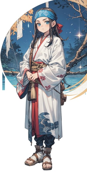 deformed Anime Style,full body,beautiful little girl,12 years old, wearing old traditional Ainu clothingPolish and Japanese half girl, Shabby threadbare worn-out clothes,beautiful crystal blue eyes,Clothing that has deteriorated over time, The outfit consists of a robe-like garment called an 'attush' made from intricately woven fabric, adorned with intricate geometric patterns. She also wears a 'kaparamip' headband with decorative embroidery. The clothing is rich in earthy tones like browns, reds, and greens, reflecting a deep connection to nature,