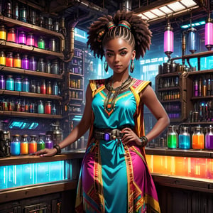 The person behind the counter,young woman in a relaxed, standing pose,She is holding the hem of her Dashiki colorful sleeveless dress, bar counter in the hyper-future, an alchemist's workshop in a super-scientific world, canisters wrapped in mechanical elements, energy lights, and a cyberpunk worldview,