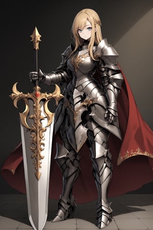 solo,royal knight, princess knight,Golden hair, beautiful blue eyes, gauntlets, red cape,Heavy full-body armor that overwhelms the viewer, the armor is carved with very elaborate gold,Huge sword by the side,zavy-lndskncht