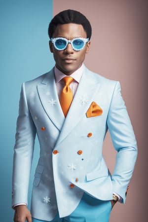 An African-American gentleman exudes unparalleled style in a vibrant, British-inspired double-breasted suit. The audacious color palette,  wearing snowflake glasses,
reminiscent of a daring art palette, infuses the ensemble with a kaleidoscope of non-traditional hues.

The peaked lapels add a touch of luxury to the suit, elevating its sophistication. The overall look radiates confidence and style, merging cultural influences with a modern and vibrant twist. It's a sartorial masterpiece, breaking free from convention with its flamboyant colors and exuding a sense of individuality and panache., cinematic moviemaker style,snowflake glasses