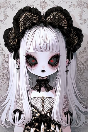 Shoujo manga style,1girl,ultra cute, Harajuku Style grunge fashion with kawaii and Lolita themes, albino demon girl,(pure white 
long hair),(black sclera;1.2),luxury mesh fishnet blouse,dal-1,ct-niji2,black hands,greg rutkowski