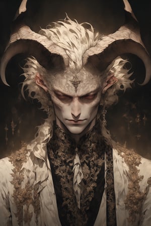 (Male), Albino devil prince male,(long intricate horns:1.2), dressed in a fashion style that is a seductive blend of baroque and punk, roses on his chest, his attire is reminiscent of baroque royalty, with ornate baroque garments with intricate lace, frills and decorations Her clothes are characterized by opulent baroque garments with intricate lace, frills, and decorations reminiscent of baroque royalty. However, the traditional elements are juxtaposed with edgy punk accents such as leather straps, spikes, and chains, adding a rebellious and modern twist to his ensembles, reinforcing a luxurious yet rebellious aesthetic,,emo,masterpiece