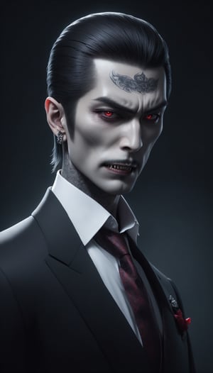 "Visualize a vampire exuding the aura of a Yakuza boss, blending the elegance of the undead with the ruthless demeanor of a Japanese underworld figure. Clad in sleek, tailored suits adorned with intricate tattoos, this vampire commands respect and fear alike. His pale complexion and piercing gaze hint at his supernatural nature, while the traditional Yakuza symbols woven into his attire pay homage to his roots. With each step, he exudes an air of authority and danger, embodying the perfect fusion of vampiric allure and Yakuza sophistication."