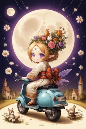 Precise line art, realistic and elaborate pencil drawings, (chibi),fairy tale illustrations,Perfect sky, moon and shooting stars,moon on face, pagan style graffiti art, Kimono girl riding a scooter, hippy van, veichle focus, motor vehicle, Flower,(☆ // purple gradient background),)Star mark hanging on a string:1.2),drawn in the style of a medieval painting,dal-1,lineart,LineAniAF