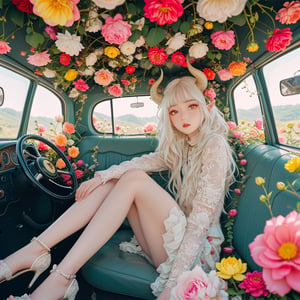 The interior of an old car, many beautiful blooming flowers, the car covered with plant vines, the interior of the car,
BRAKE
(maximalism style),(long intricate horns:1.2) ,albino demon Lilith girl with enchantingly beautiful, alabaster skin,  sitting in the car, flower car, in car,anime,emo,interior