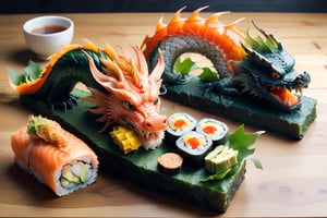 Dragon-themed sushi, where the culinary artistry blends Japanese cuisine and mythical inspiration. The dish showcases meticulously crafted sushi rolls resembling dragons, with avocado scales, fish fillet bodies, and seaweed wings. The dragon's head, often formed from a combination of ingredients, adds a visually stunning and flavorful touch. This creative fusion not only satisfies the palate with delicious sushi but also captivates diners with its imaginative presentation.,Dragon,Dragon themed ,Chinese Dragon