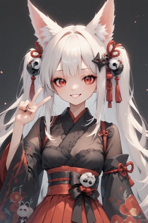 (score_9,score_8_up,score_7_up,)1Girl,animal fox ears,red eyes,long pure White hair,red skirt,goth style luxury layered kimono,hair ornament,upper body,v,smile,goth girl,sagawa,garter straps,YuukiTeitoStyle