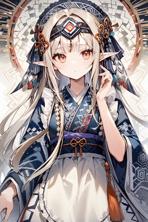  a beautiful elf girl,elf ear, wearing traditional Ainu attire, adorned with intricate embroidery and patterns symbolizing Ainu culture, Her garments include a dress and apron,Completing her look is a unique headpiece that enhances her beauty,With pride in Ainu culture,Misery Stentrem,Nina Aslato
