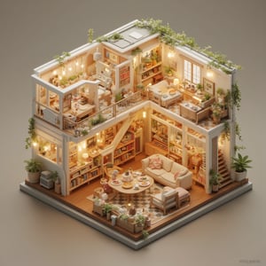 Isometric miniature diorama, a beautifully lived-in house, a cozy multi-storey home. Exquisite details of the living room, kitchen and outdoor terrace. Tiny furniture, bookshelves, potted plants and decorative items. Checkered floor tiles and a spiral staircase connecting the levels. Warm lighting and miniature food on the table. Balcony with railing and hanging plants. Micro-scale architecture with dollhouse aesthetics. Rich textures, wood grain details. Photorealistic rendering, soft and warm colors. Miniature-inspired tilt-shift effect. High definition 8K resolution. ,noc-isometric,resin,OBdengzhou