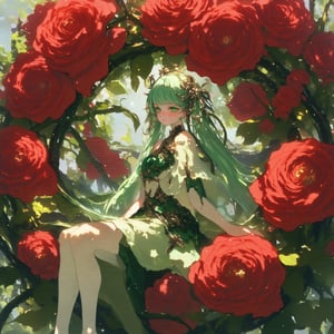 1Girl, breathtaking alraune girl seated in the center of a massive rose, digital fantasy art. Enormous rose petals, deep crimson with velvety texture, unfurling around her. The girl has pale green skin, flowing emerald hair intertwined with small roses. Her eyes are bright, leaf-green. She wears an exquisite dress made of living rose vines, with blooming flowers and leaves organically integrated. Delicate tendrils and thorns wrap around her arms and legs. The dress shifts from deep green at the bodice to vibrant rose hues at the hem. Soft, dappled sunlight filters through the petals, creating a warm, ethereal glow. Dewdrops glisten on the petals and the girl's skin. Background shows glimpses of a lush, misty forest. Hyperdetailed textures on the rose petals and vine,jinhsi