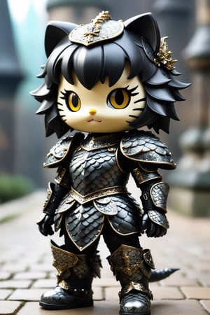 A Hello Kitty adorned in gothic punk-style dragon scale armor exudes a captivating fusion of cuteness and edgy aesthetics. The iconic character is encased in intricately designed metallic dragon scales, creating a unique juxtaposition between its typically sweet demeanor and the dark, gothic-inspired elements.,dragon armor