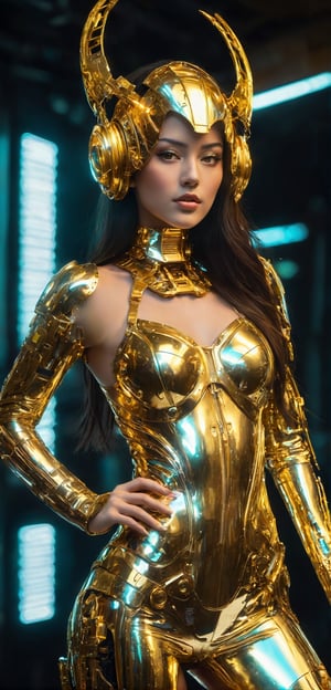  cyborg diva,1girl,
 entirely covered in gold chrome body, gleams with a metallic sheen,
glamorous body, reflecting light with every movement. She wears excessively flamboyant cyber fashion, including high-tech bodysuits adorned with neon lights, holographic patterns, and intricate circuitry designs. Her accessories are bold and extravagant, featuring oversized, glowing headgear and futuristic, gold-plated boots. This striking combination of golden chrome and over-the-top cyber fashion creates an awe-inspiring and mesmerizing presence,FuturEvoLab-lora-mecha