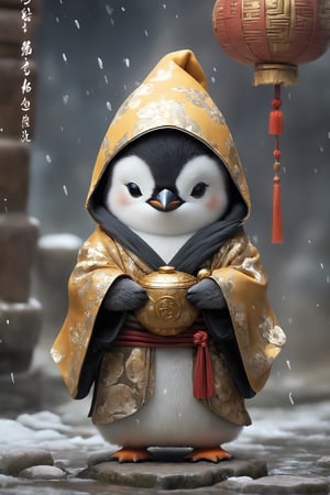 (Cute penguin),chibi, Buddhist monk's robe,penguin head monk, wearing gold brocade robe,((hooded monk robe)), ,sacred atmosphere,Penguin ,Bird 