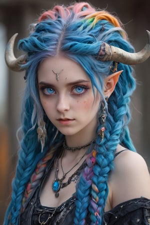 ultra Realistict, demon girl, (Complex Longhorn) ,crazy alternate hairstyle, amazingly intricately (dreadlocks) hair,colorful color hair, each braid painstakingly created,decorated with delicate accessories and beads,aesthetic,Beautiful Blue eyes, ,Rainbow haired girl ,bj_Devil_angel,dal-1,Realistic Blue Eyes