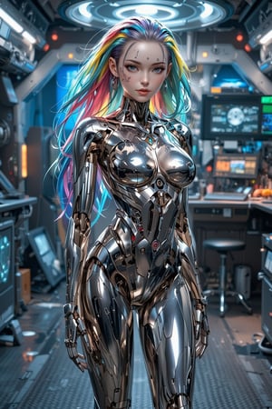 A sleek female cyborg with a mirror-polished chrome body, reflecting its surroundings. Feminine curves accentuate its robotic form. Vibrant, multicolored cables extend from its head like hair, flowing in various directions. Intricate,creating complex patterns and circuitry designs. The tattoos pulse with a soft, ethereal light. The cyborg stands in a futuristic laboratory setting, surrounded by holographic displays and advanced technology. Its eyes emit a gentle, intelligent glow. Hyperrealistic details, 8K resolution, ray tracing, cinematic lighting.,\mechako\,cyborg_master, QTGIRLREAL,REALNIME,uvtattoo