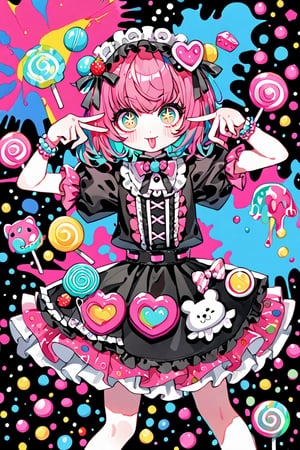 children's doodle style,
Colorful pop art, candy pop, lollipop punk, brightly colored berry beans, emo pink lolita girl,big Eyes,A dress made of jelly and ice cream,double v, tongue out,
 maximalism design,emo,dal-6 style,Color Splash,dramaticwatercolor,aihoshinopose