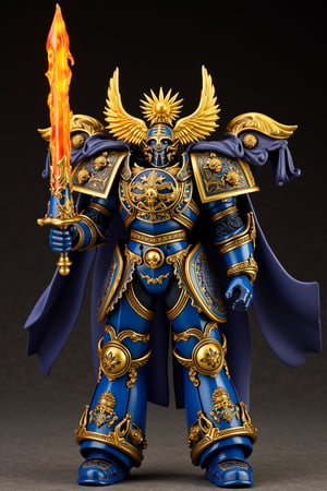 "A highly detailed figurine, of a Warhammer 40K, Space Marine, in full ornate power armor. The figure is imposing, standing tall in a blue and gold suit of armor adorned with intricate designs, including winged skulls and Roman numerals. The Space Marine grips a massive flaming sword with one hand, the blade ablaze with bright orange flames. His armor is embellished with purity seals, chains, and a sunburst crest on the back. The shoulder pads feature golden eagles and a banner displaying the name 'Gulliman.' The overall stance is powerful and heroic, capturing the figure's strength and nobility.",An anime pvc figure of <...>