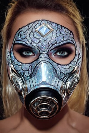 A stunning woman, adorned with makeup, UV Blacklight Face Body Paint,  diamonds Glitter unparalleled beauty,Futuristic gas mask,
radiating a captivating and luxurious allure. The intricately applied diamond makeup enhances her features, creating a dazzling and glamorous appearance that embodies opulence and sophistication,Glowing face, 
,glitt3r