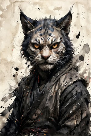  Elder Khajiit, rendered in sumi-e style, fierce eyes glaring intensely at viewer, face partially wrapped in tattered cloth. Bold, expressive brush strokes capturing fur texture and facial features. Dripping ink creating sense of gritty atmosphere. Minimalist background with ink splatters. Blend of traditional Japanese ink painting and dark urban aesthetic. Powerful contrast between black ink and white paper. Emanating aura of strength and defiance,ink