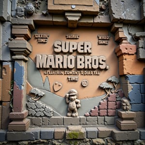 Ancient stone wall carving depicting the title screen of Super Mario Bros. for Nintendo Entertainment System. Intricate bas-relief sculpture with impressive detail. 

Central focus: "SUPER MARIO BROS." title logo chiseled in large, bold letters, mimicking the pixelated font. Nintendo copyright notice etched below.

Top section: Carved representations of "MARIO", score, coin icon, "WORLD", and "TIME" indicators.

Menu options "1 PLAYER GAME" and "2 PLAYER GAME" engraved below the title.

Bottom of carving: Iconic first level scene with Mario standing on brick blocks. Carved bushes and hills in background.

Weathered stone texture with slight discoloration and cracks for an aged appearance. Traces of faded paint in appropriate colors: reds, blues, greens, and browns.

Soft, indirect lighting highlighting the depth and detail of the carving. Small vines or moss growing in crevices for added ancient ambiance.

Surrounding wall shows other partial gaming-inspired carvings, suggesting a larger mural or temple dedicated to classic video games.,reli3f_style,a stone carving of