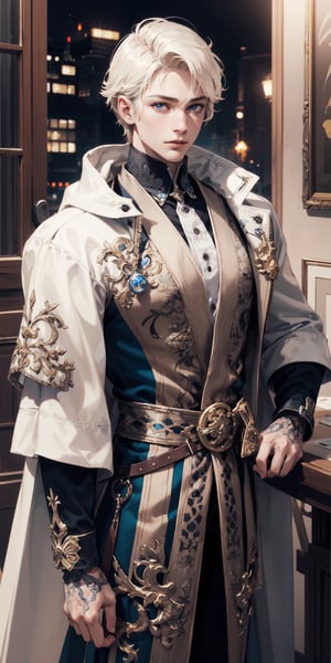 Extreme detailed,Realistic,solo,
official art, extremely detailed, Extreme Realistic,  Nordic beautiful teen boy,beautifully detailed eyes, detailed fine nose, detailed fingers,muscle body, wearing extremely detailed luxury male Prince Albert coat, high quality, beautiful high Detailed white short hair,