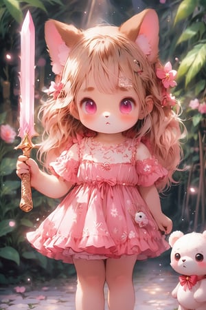 Prompt: Magical POP illustration,cute little Teddy bear,pink loli  dress, weapon holding,Beautiful embroidered dress,furry girl,Deformed
