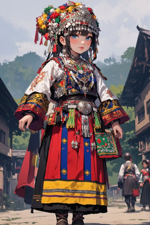 anime style,1Girl,16yo,A young Hmong girl in northern Thailand wearing an opulent traditional bridal costume. Vibrant, multi-layered outfit with intricate embroidery and silver coin decorations. Elaborate headdress adorned with colorful tassels, beads, and dangling silver ornaments. Heavy silver necklaces and large earrings frame her face. Richly embroidered jacket in deep indigo with geometric patterns in red, yellow, and green. Wide pleated skirt with bold horizontal stripes and detailed needlework. Ornate silver belt with hanging charms. Embroidered apron with intricate designs. Legs wrapped in indigo leggings with embroidered ends. Traditional cloth shoes with pointed toes. She stands in a misty mountain village with traditional Hmong houses in the background,by Midjourney_Whisper, adrr-zllj,HMong clothes,1girl,lyh