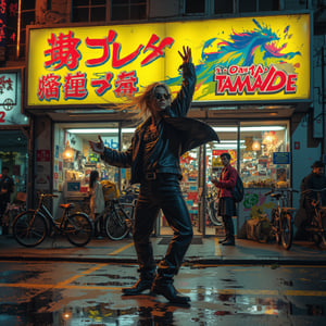 Striking scene of a dangerous-looking man dancing with precise movements in front of a gaudy Japanese discount supermarket, Man maintains a completely stoic nihilistic expression while performing dynamic dance moves, Long bleached blonde hair flowing dramatically with dance movements but face remains emotionless behind designer sunglasses, Black leather jacket and pants catching colorful reflections from store's neon lights as he moves, Body executing perfect dance steps while maintaining an aura of controlled menace, Dramatic contrast between his fluid dance movements and his unchanging cold expression, Store features overwhelming yellow signboard with bright red Japanese text and rainbow-colored TAMADE logo backdrop, Multiple bicycles parked nearby creating unintentional audience effect, Dance pose suggests professional technique but his face shows complete disinterest, Leather outfit gleaming under fluorescent store lights as he moves, Some shopping bags scattered near his feet as he dances suggesting disrupted shopping scene, Several onlookers visible with mixed expressions of awe and concern, Store's carnival-like appearance creates perfect backdrop for this surreal performance, Evening lighting with prominent neon reflections highlighting the dancer's movements, Urban Japanese shopping street atmosphere with typical storefronts visible in background, Movement captures mid-dance action while maintaining threatening yakuza presenceManga  Yakuza Kamui X Georgia O'Keeffe