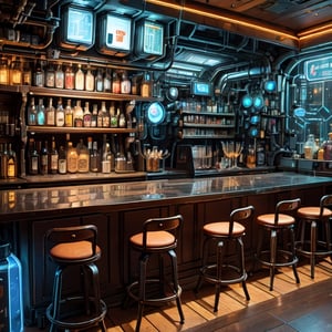 A bar counter in the hyper-future, an alchemist's workshop in a super-scientific world, canisters wrapped in mechanical elements, energy lights, and a cyberpunk worldview,