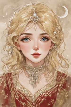 fairy tale illustrations,Simple minimum art, 
myths of another world,Perfect sky, moon and shooting stars,moon on face,
pagan style graffiti art, aesthetic, sepia, A woman of Scandinavian descent, long beautiful blonde hair, blue eyes, perfect beauty, wearing a beautiful traditional Tajik bridal costume.The luxurious dress is intricately embroidered in gold and red and is very colorful.
watercolor \(medium\),