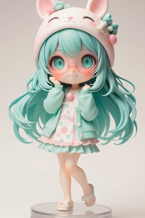 Cute anime-style chibi figurine of a girl with long, flowing turquoise hair. Large expressive blue eyes behind pink round glasses. Wearing a white polka-dot dress with pink and blue dots, pink trim, and a teal underskirt. Teal cardigan sweater. White and pink animal-shaped sleep mask on her head with closed eyes, small bone decoration, and blue bow. Pink bow in her hair. Pink cherry-shaped pendant necklace. White bunny-shaped slippers. Posing with one hand raised near her face. Cheerful expression. Highly detailed plastic figurine on a clear stand. Soft, pastel color palette. Professional product photography lighting and setup.,lyh,dal,create figure 2