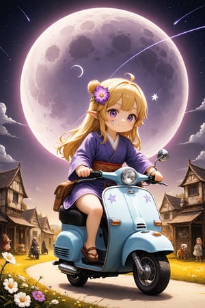 Precise line art, realistic and elaborate pencil drawings,solo, (chibi),fairy tale illustrations,Perfect sky, moon and shooting stars,moon on face, pagan style graffiti art, Kimono girl riding a scooter, hippy van, veichle focus, motor vehicle, Flower,(☆ // purple gradient background),)Star mark hanging on a string:1.2),drawn in the style of a medieval painting,dal-1,lineart,LineAniAF,((Chibi character))