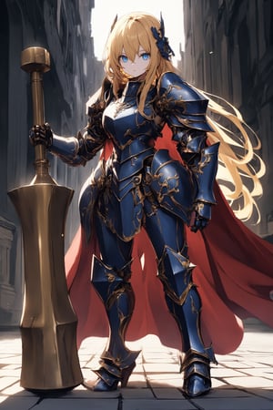 solo,royal knight, princess knight,Golden hair, beautiful blue eyes, gauntlets, red cape,Heavy full-body armor that overwhelms the viewer, the armor is carved with very elaborate gold,((Huge hammer by the side)),((Sledgehammer)),zavy-lndskncht