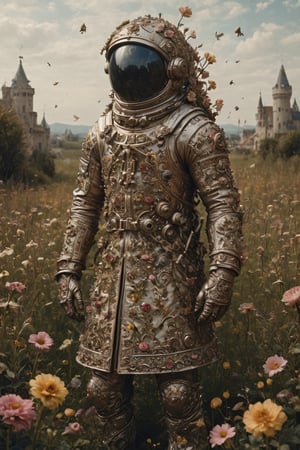 beautiful bizarre,The Art of Kris Kuksi,Intricate Design,Aphrodite, 
A person whose head is a tank turret,wears the coat of a medieval nobleman,
,action figure,LimbusCompany_Dante,astronaut_flowers,flower Field