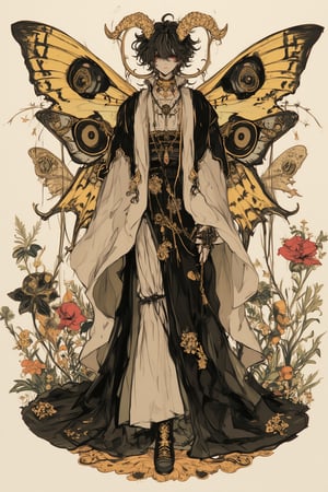 Decadent illustration, beautiful androgynous male, moth motif, 8k resolution, detailed anime style. Gold, black, and white color scheme. Elaborate layered kimono with moth wing patterns, flowing fabrics. Curly black hair with golden ram horns. Pale skin, sharp features, mysterious expression. Large moth wings attached to back, intricate eye-spot designs. Ornate golden accessories, tassels, and embroidery. Baroque-inspired clothing details. Slender figure in elegant pose. Moth antenna headdress. Black and gold boots. Vintage entomology-style moth illustration in background. Soft, diffused lighting. Textured paper effect. Art nouveau and Japanese aesthetics blend. Hyper-detailed fabric patterns and insect anatomy.,dal