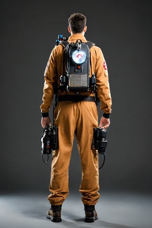 1man,Ghostbusters, brown jumpsuit, ghost-catching device on his back,((He's got his back to us)),((back view))